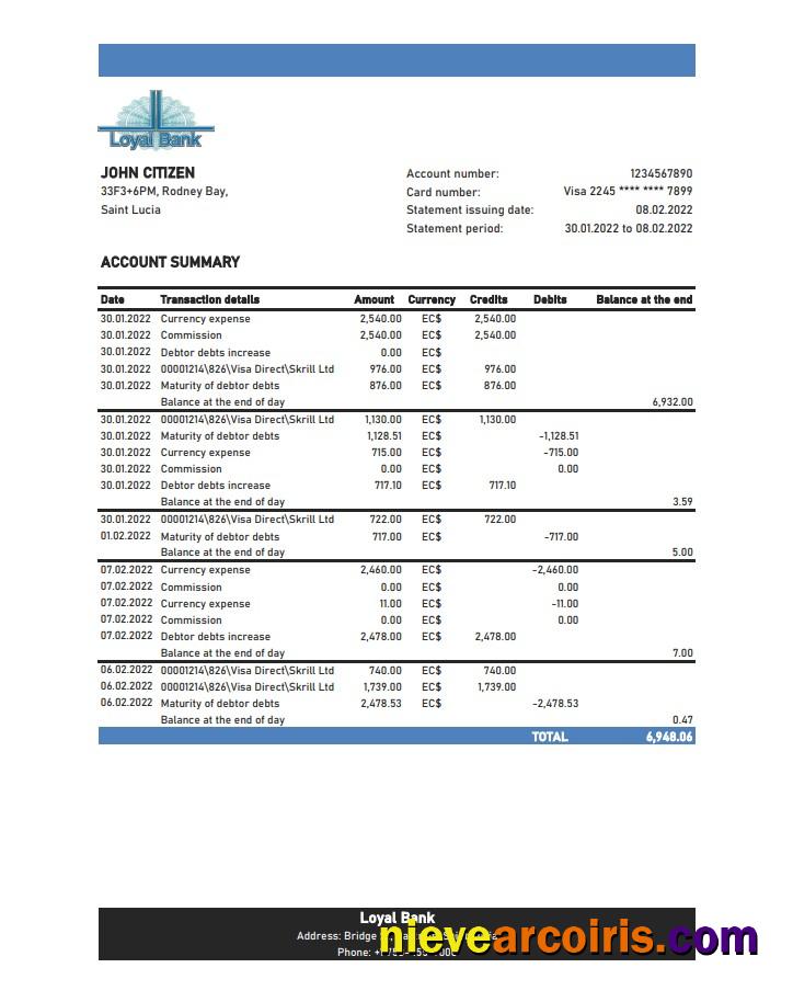 Saint Lucia Loyal Bank statement xls